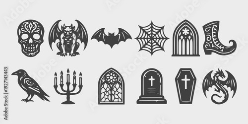 Vintage gothic halloween icon bundle featuring spooky skull gargoyle bat spider web raven candelabra tombstone coffin and mythical dragon symbols.