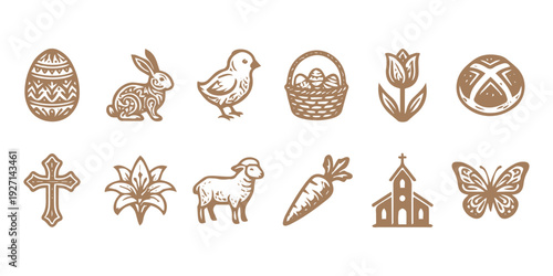 Rustic Woodcut Easter Icon Collection Featuring Vintage Hand Drawn Religious Celebration Elements For Decorative Seasonal Branding Projects Minimalist Graphic Vector