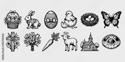 Vintage hand drawn woodcut easter icon bundle featuring church religious cross lamb bunny chick eggs nest butterfly and spring flowers.