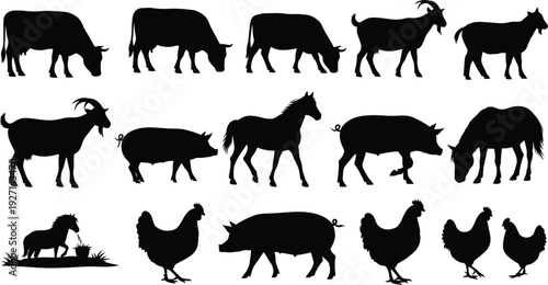 Collection of farm animal silhouettes including goats horses sheep chickens and pig
