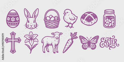 Hand drawn vintage religious and holiday celebration icon bundle featuring bunny rabbit chick lamb cross lily carrot butterfly symbols.