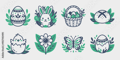 Professional Easter Spring Icon Collection Featuring Artistic Holiday Celebration Elements Minimal Flat Graphic Vector Set For Decorative Seasonal Branding Projects