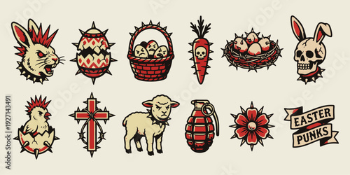 Edgy Easter Punk Icon Bundle Featuring Rebellious Bunny Skull Mohawked Chick Spiked Egg Cross Grenade For Alternative Holiday Graphic Design Projects