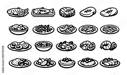 Assorted plated food icons displayed in rows on dark gradient