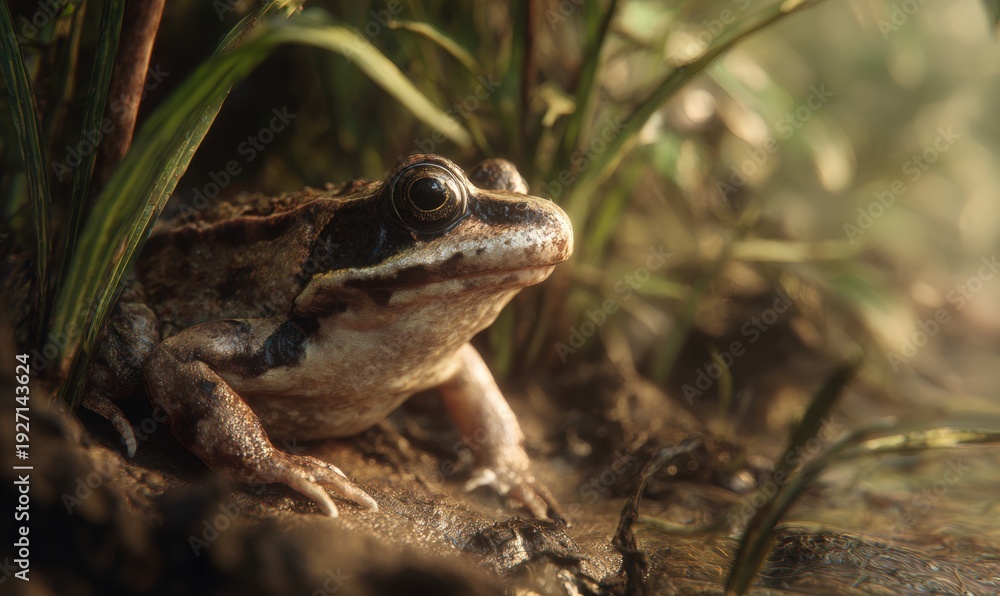 Obraz premium A frog is sitting on the ground in a grassy area