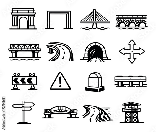 Collection of bridge and road symbols on dark gradient background