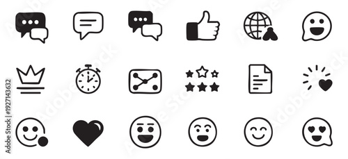 Interaction and rating vector icon collection with message bubbles and happy facial expression set