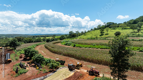Obraz na plátně Aerial view of farm machinery unloading chopped corn for silage storage on a sun