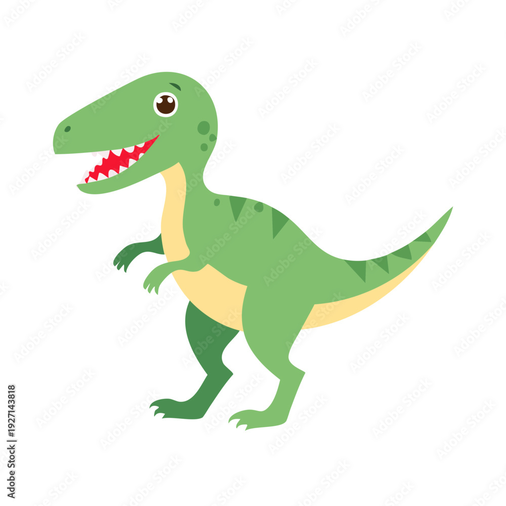 Fototapeta premium A cute dinosaur character in a dynamic pose, set against a solid background. The cheerful creature features a vibrant green body and expressive features. 