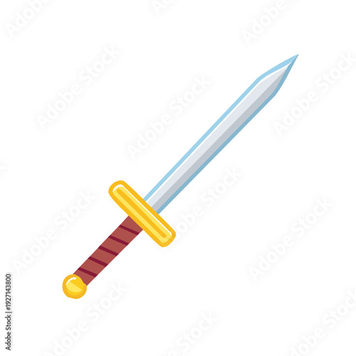 A decorative sword with a gold and brown hilt and a silver blade. It is depicted on an isolated background