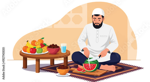 Muslim man preparing healthy fruit meal for Iftar during Ramadan, cutting watermelon on a mat, vector illustration of Islamic fasting tradition
