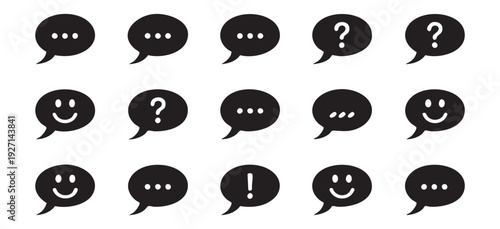 Speech bubble icons set featuring message ellipses question marks and exclamation points in circles