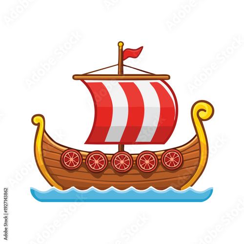 A vibrant illustration of a Viking ship sailing on the sea. The ship has a distinct design with a red and white striped sail and intricate carvings