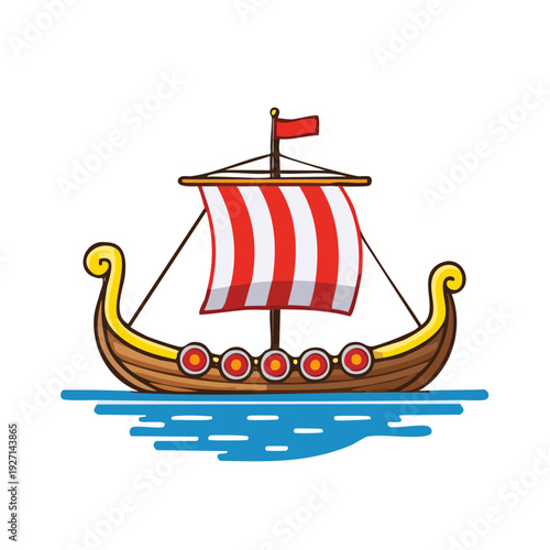 A stylized illustration of a Viking ship sailing on water