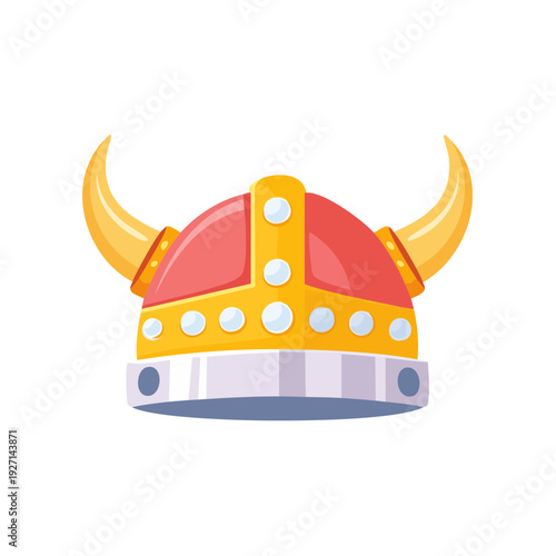 A Viking helmet with curved horns, ready for battle. The helmet is red with gold and silver accents, hinting at the strength and resilience of a warrior