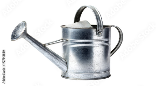A vintage metal watering can with a long spout and handle on a transparent background