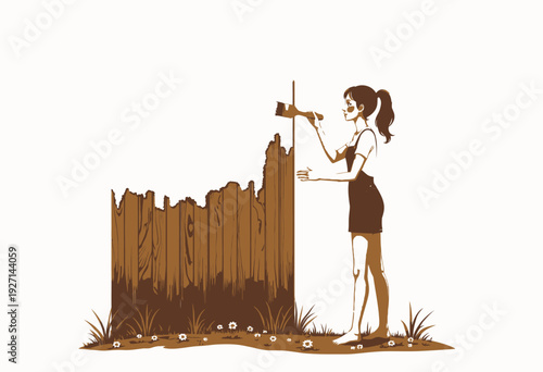 Woman Painting Wooden Fence Outdoors in Garden on Sunny Day with Brush and White Paint While Standing Barefoot in Overalls and T-Shirt