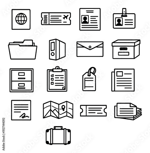 Document and travel icons showing files tickets and maps on gray grid