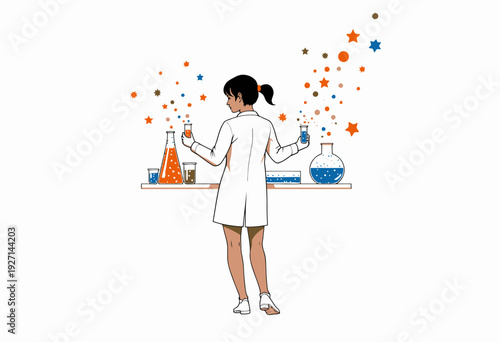 Scientist in Lab Coat Conducting Colorful Chemical Experiments with Test Tubes and Flasks