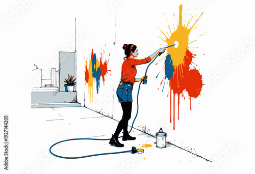 Artist in vibrant attire creates dynamic splashes of color on a minimalist wall using spray paint techniques, blending modernity and creativity in an urban space