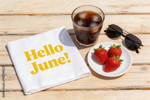 Hello June Summer Flat Lay with Strawberries, Iced Coffee and Sunglasses