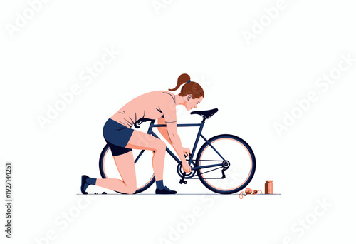 Person Kneeling to Fix a Bicycle Chain with Tools and Snacks on a Clean White Background