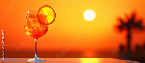 Aperol Spritz glass against orange sunset background