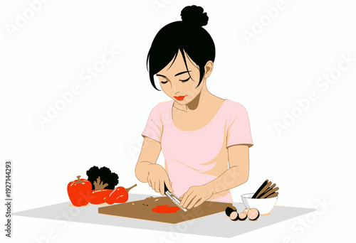 Young Woman Preparing Healthy Meal with Fresh Vegetables, Focused on Chopping Ingredients at a Kitchen Counter for a Balanced and Nutritious Diet