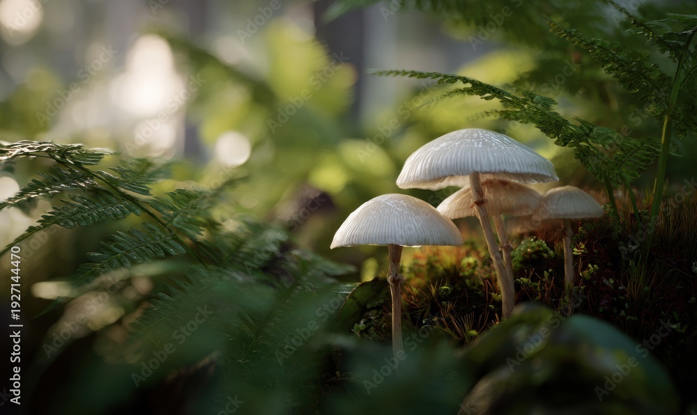 Fototapeta premium Three mushrooms are growing on a mossy log