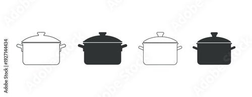 Set of cooking pots with lids in various styles.