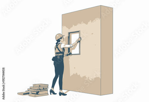 Illustration of a Female Construction Worker Installing a Window on a Large Wall Panel with Tools and Safety Gear