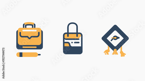Collection of business and education related icons in a flat design style, using orange and navy colors
