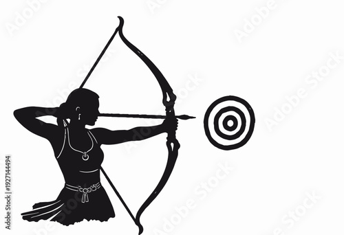 Silhouette of an Archer Drawing a Bow with Precision Aimed at a Target, Capturing the Essence of Focus, Strength, and Skill in Archery