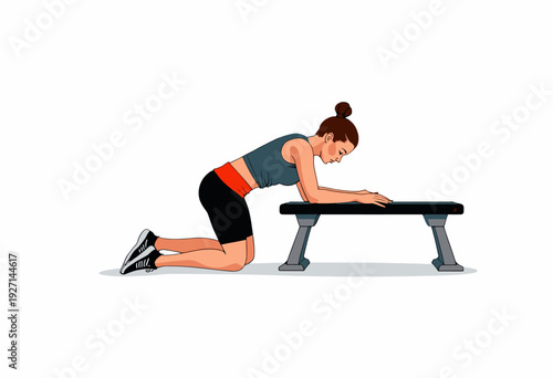 Illustration of a woman exercising outdoor in athletic attire performing a kneeling push-up using a sturdy bench for support under clear sky conditions