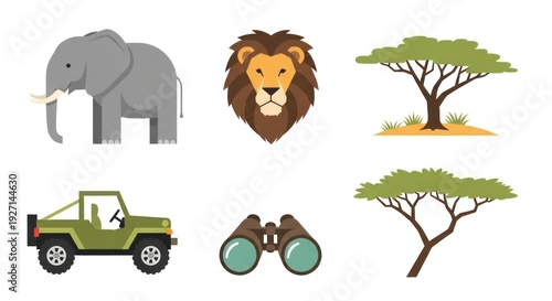 Safari animals and jeep vector illustrations on white background