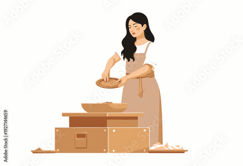 Young woman creating ceramic pottery on a wheel, focused on crafting a clay piece with meticulous care, wearing a beige apron in a well-lit artistic studio setting