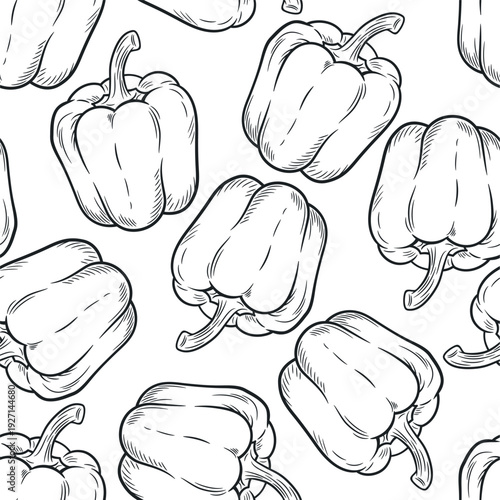 Bell Pepper Seamless Pattern, Vector Illustration. Black and White Hand Drawn Bell Pepper Pattern. Vegetable Pattern, Healthy Food Background for Kitchen Textile, Wrapping Paper