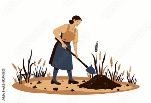 Woman in a Garden Using a Shovel to Turn Over Soil Surrounded by Greenery and Blooming Flowers on a Clear Sunny Day