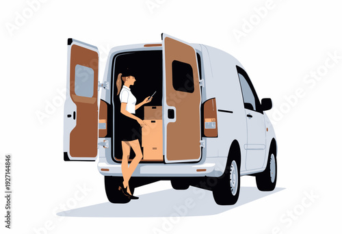 Efficient Delivery Service with Female Courier Organizing Packages at Open Van in Bright Daylight