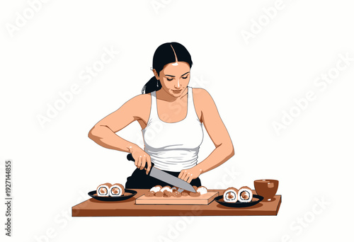 Woman in a kitchen slicing sushi on a wooden board, carefully preparing fresh rolls with precision using a large knife, surrounded by plates and a cup