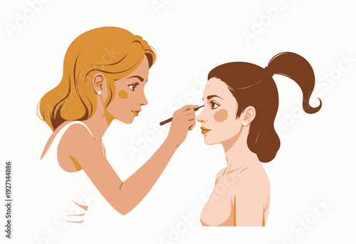 Illustration of a Makeup Artist Applying Eye Makeup on a Woman with a Ponytail in a Professional Beauty Session