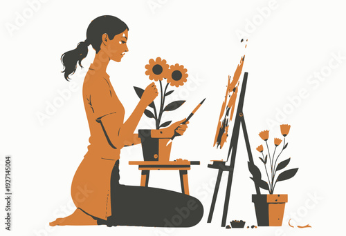 A Woman Artist Painting Vibrant Flowers on a Canvas Using Bright Colors in a Restful Indoor Setting with Artistic Inspiration