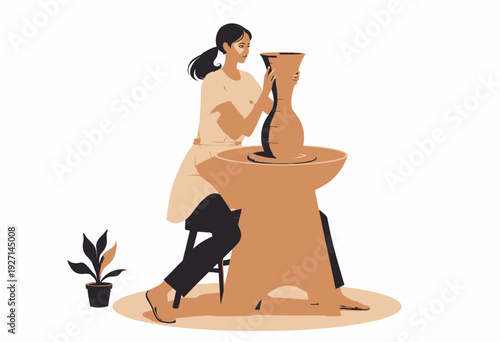 Artisan Creating Elegant Ceramic Pottery with Skilled Hands on a Traditional Pottery Wheel, Surrounded by Simplicity and Rustic Charm