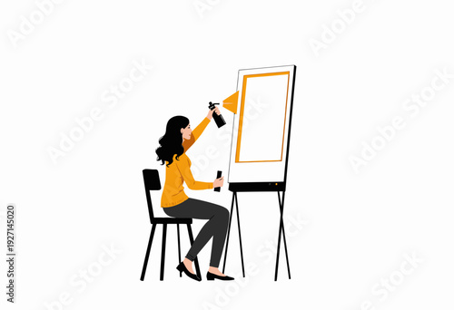 Woman Seated in Black Chair Using Spray Bottle to Clean or Prepare a Tall Standing Whiteboard for Presentation or Art Creation