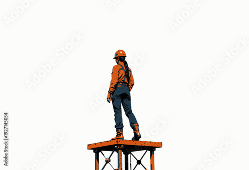 Construction Worker Standing on Elevated Platform Wearing Safety Gear Against White Background