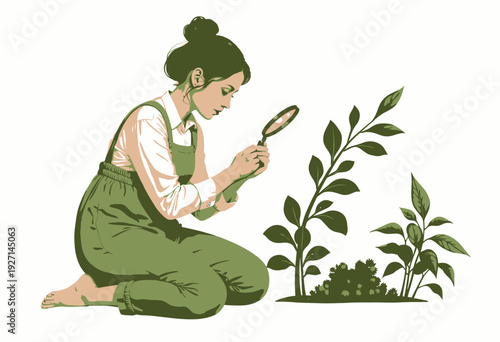 Woman closely examines leaf and berry growth using magnifying glass while kneeling with vibrant leafy plants on plain background indicating nature study