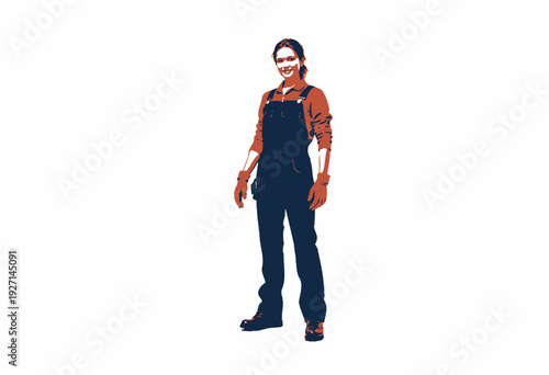 Confident Female Mechanic in Blue Overalls and Red Shirt Standing with Yellow Gloves Ready for Work