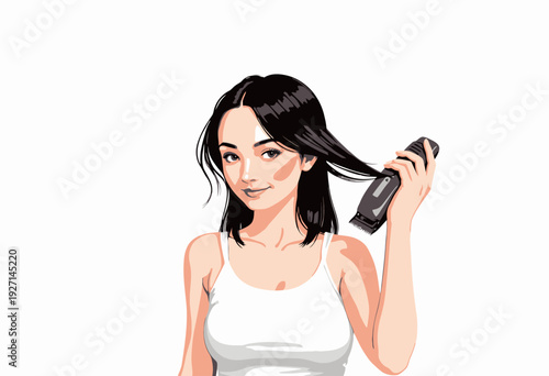 Illustration of a Woman with a Hair Clipper Adjusting Her Long Dark Hair, Wearing a White Tank Top, Expressing Confidence and Modern Style