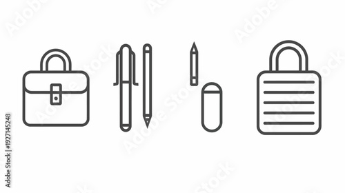 Monochrome line art of a briefcase, writing tools, eraser, and a padlock on a white background