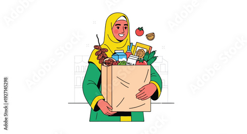 Happy Muslim Woman Carrying a Paper Grocery Bag Filled with Fresh and Healthy Food Items for Everyday Meals and Lifestyle